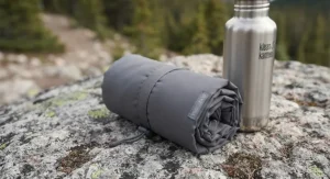 Soft compact travel blanket kept in the back seat for a scenic Canadian road trip.