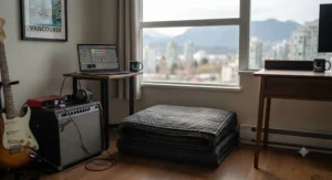 Portable soundproof blanket for apartments folded neatly next to a musician's gear setup in a Vancouver rental.