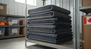 A stack of durable, professional-grade moving blankets folded neatly in a Canadian storage unit.