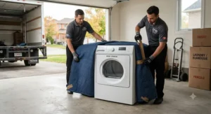 Professional Canadian movers wrapping a clothes dryer with premium quilted moving blankets before loading.