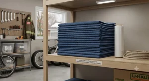 Stack of clean, blue reusable moving blankets stored neatly in a Canadian garage ready for appliance protection.