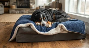 A cozy reversible sherpa pet blanket for large dogs placed on top of a dog crate bed.