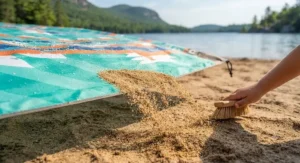 Sand easily sliding off the smooth surface of a sand-free waterproof beach blanket.