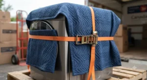Close-up of moving blankets secured tightly around an appliance with heavy-duty ratchet straps for transit across Canada.