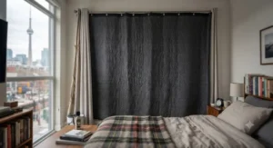 Soundproof blanket for apartments installed over a bedroom window to block noisy urban traffic in Toronto.