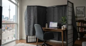 Acoustic soundproof blanket for apartments draped over a room divider to create a quiet workspace.