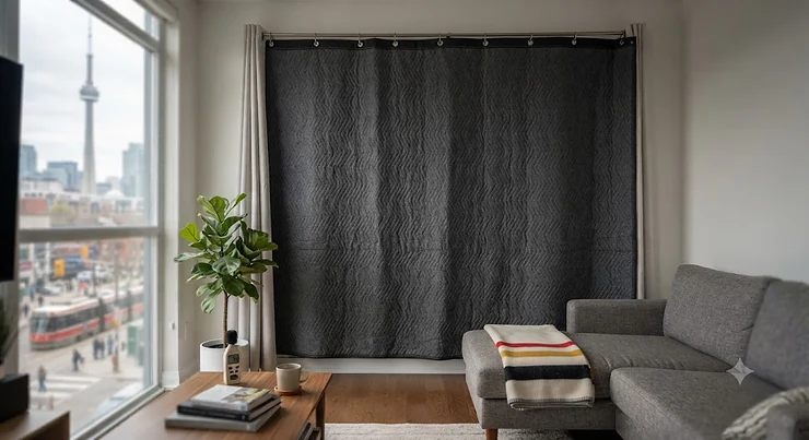 A heavy-duty soundproof blanket for apartments hanging in a Canadian living room to reduce street noise.