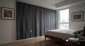 Acoustic soundproof blanket for apartments mounted on a shared condo wall to stop thin-wall noise.