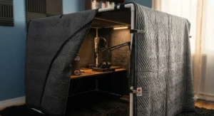 A DIY vocal booth constructed using soundproof moving blankets for podcast recording and voiceover work.
