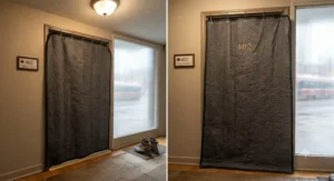 A soundproof moving blanket installed over a doorway in a Toronto apartment to reduce outside street noise.