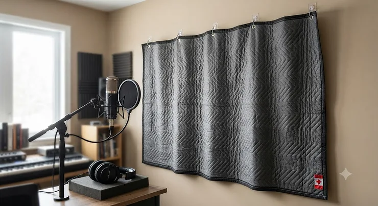 A soundproof moving blanket hung on a studio wall to improve acoustics in a Canadian home recording space.