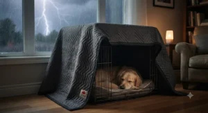 A soundproof moving blanket placed over a dog crate to help muffle loud outdoor noises like fireworks or traffic.