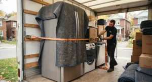 Thick quilted moving blanket protecting a refrigerator and kitchen appliances loaded onto a moving truck.