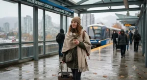 A commuter wrapped in a warm neutral travel blanket scarf combo walking past a rainy Vancouver transit platform in autumn