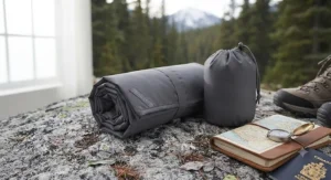 Ultra-compact travel blanket rolled up next to a water bottle to show its small pack size.