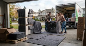 Affordable moving blankets bulk pack laid out to wrap appliances for a DIY house move in Canada.