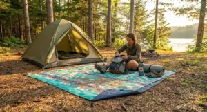 A versatile waterproof beach blanket used as a clean ground mat during a weekend camping trip.