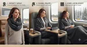 Illustration showing three ways to style a travel blanket scarf combo: infinity wrap, shawl drape, and knee lap blanket for flights or VIA Rail trips
