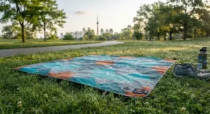 Water-resistant quick dry beach blanket resting on damp morning grass at a local park in Toronto.