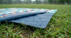 Water beading up on the waterproof backing of a blue beach blanket laid on damp park grass.