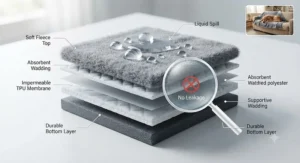 Cross-section illustration showing the multi-layer core of a waterproof pet blanket blocking liquid spills.