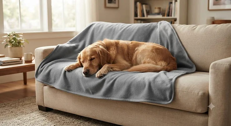 Illustration of a dog resting on a grey waterproof pet blanket protecting a living room couch.
