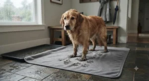 Illustration of a wet dog standing safely on a waterproof pet blanket after a rainy spring walk.
