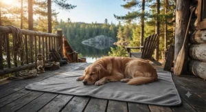 Illustration of a dog lying on a waterproof pet blanket on a rustic Canadian cabin porch.