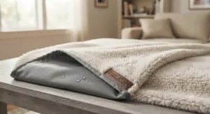 Illustration highlighting the reversible soft fleece surface and waterproof backing of a pet blanket.