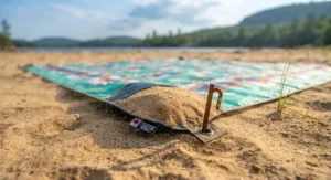 Corner anchor pockets weighed down on a windproof waterproof beach blanket on a breezy day.