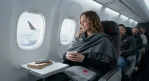 A passenger wearing a charcoal merino wool travel blanket scarf combo wrapped comfortably around her shoulders during a cold cross-Canada flight