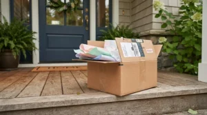 Delivered Amazon.ca Prime delivery box containing neatly packed baby blanket gift sets