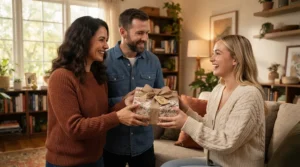 Grandparents presenting wrapped baby blanket gift sets to new parents
