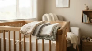 Coordinated baby blanket gift sets styled on a modern wooden nursery crib in Toronto