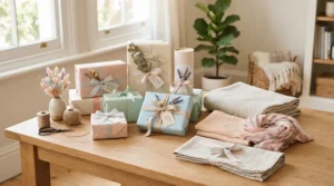 Curated baby blanket gift sets displayed beautifully for a Vancouver baby shower registry table