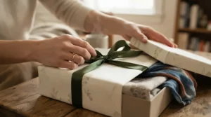 A Canadian mother unboxing soft baby blanket gift sets during a cozy living room morning