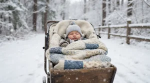 A sleeping baby snug inside one of the best stroller blankets for babies during a freezing Canadian winter outing