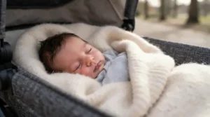 A close-up view highlighting the ultra-soft sherpa texture of one of the best stroller blankets for babies outdoors