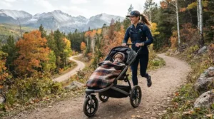 An outdoor family adventure showcasing one of the best stroller blankets for babies keeping a toddler cozy in the mountains