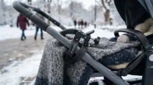 Secure stroller clips holding one of the best stroller blankets for babies firmly in place on a brisk winter morning