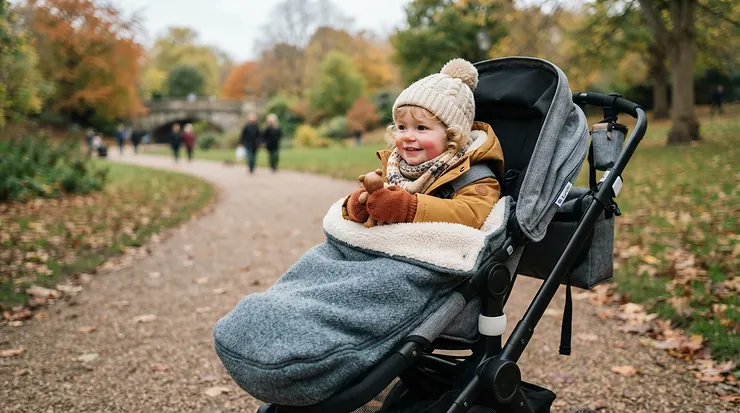 A cozy baby wrapped warmly in one of the best stroller blankets for babies during a snowy walk in a Canadian park