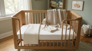 A cozy crib setup helping parents choose muslin vs fleece baby blankets in Calgary