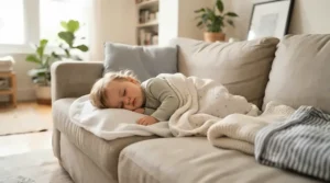 A baby napping on a sofa with options from muslin vs fleece baby blankets in Montreal