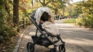 A stroller walk in Vancouver illustrating muslin vs fleece baby blankets outdoors