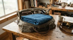 A folded, wrinkle resistant photography backdrop packed easily for location shoots across the Canadian Rockies.