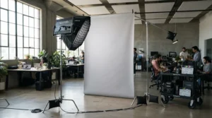 Professional studio equipment featuring a wrinkle resistant photography backdrop in a Calgary commercial workspace.