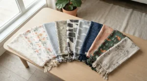 Several colourful textiles spread out from a receiving blankets multipack to show excellent cost-per-blanket value for parents.
