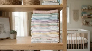 A neat stack of receiving blankets multipack in soft organic cotton, ready for nursery organization in a Canadian home.