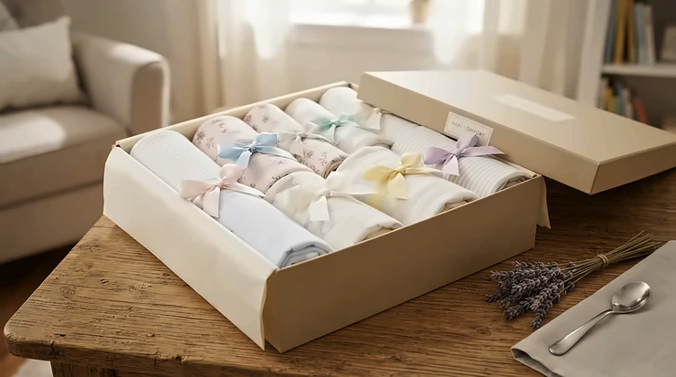 An unboxed receiving blankets multipack arranged neatly as a thoughtful baby shower gift for expectant parents.