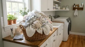 Freshly washed items from a receiving blankets multipack piled high for daily newborn laundry rotation.